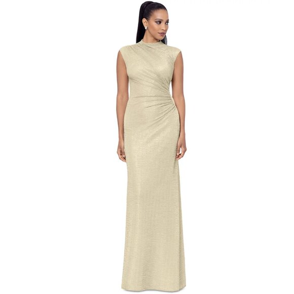 NWT Betsy & Adam Women's Gold Metallic Ruched Floor Length Gown - Picture 1 of 9